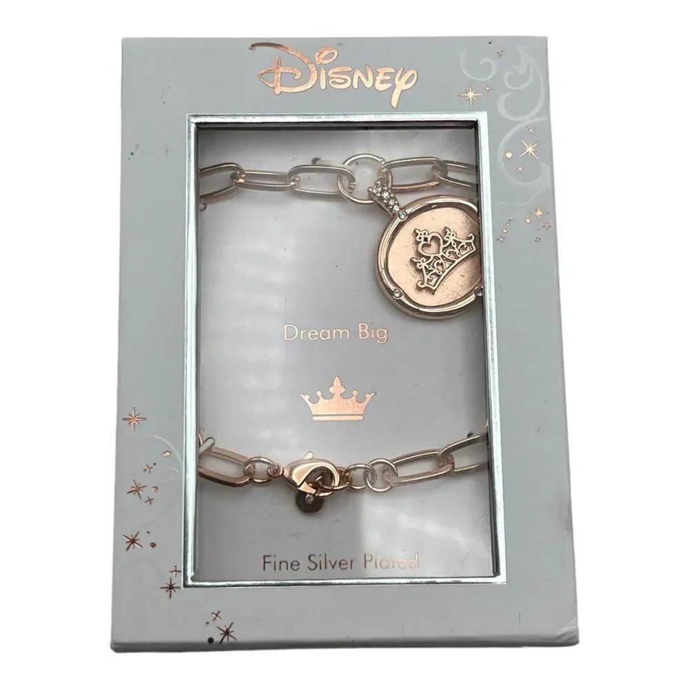 Disney Princess Crown Dream Big Charm Link Bracelet Rose Silver Plated NWT